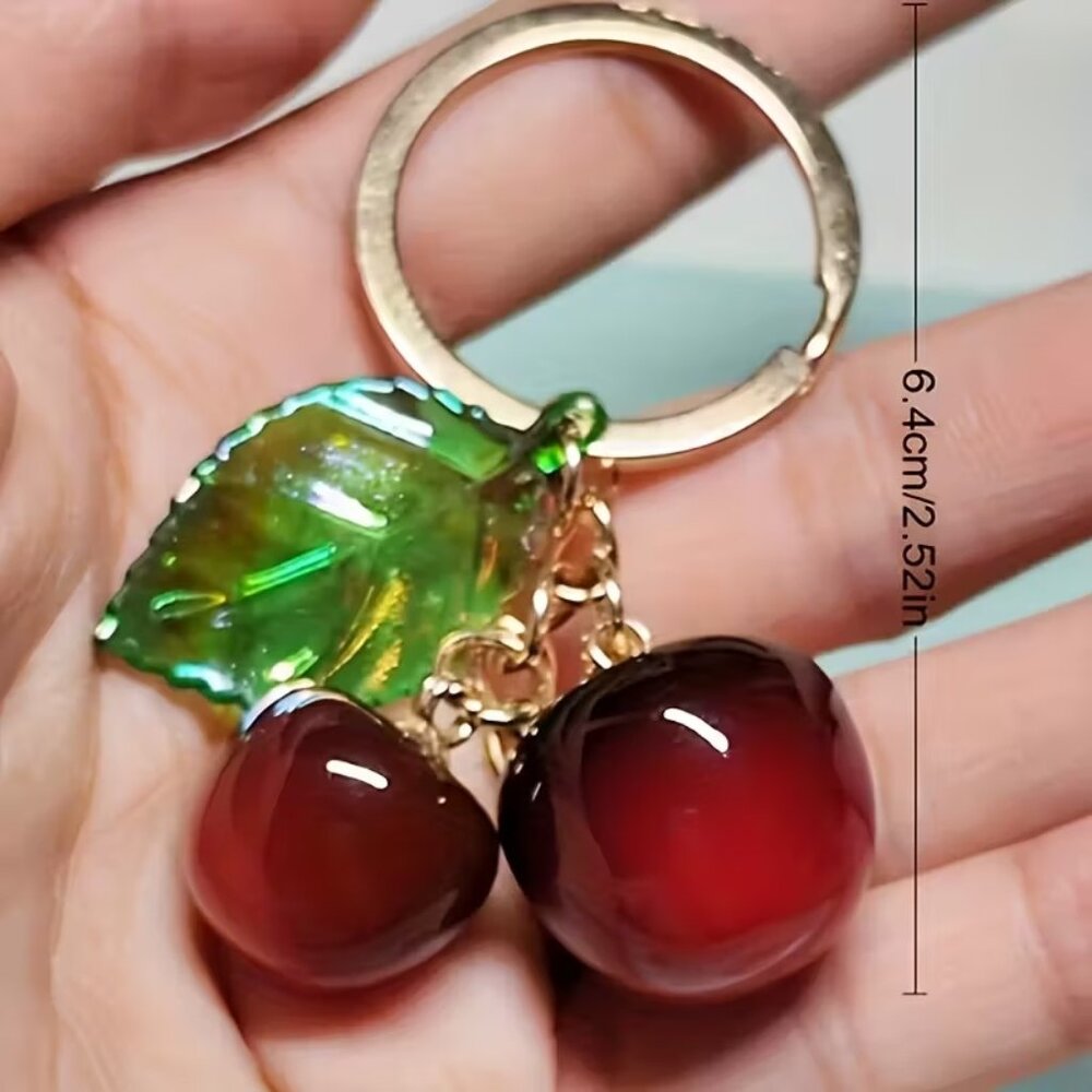 🍒 Cute Glossy Red Cherry Keychain Gold Tone Fruit Charm Bag Purse Backpack - Picture 4 of 4